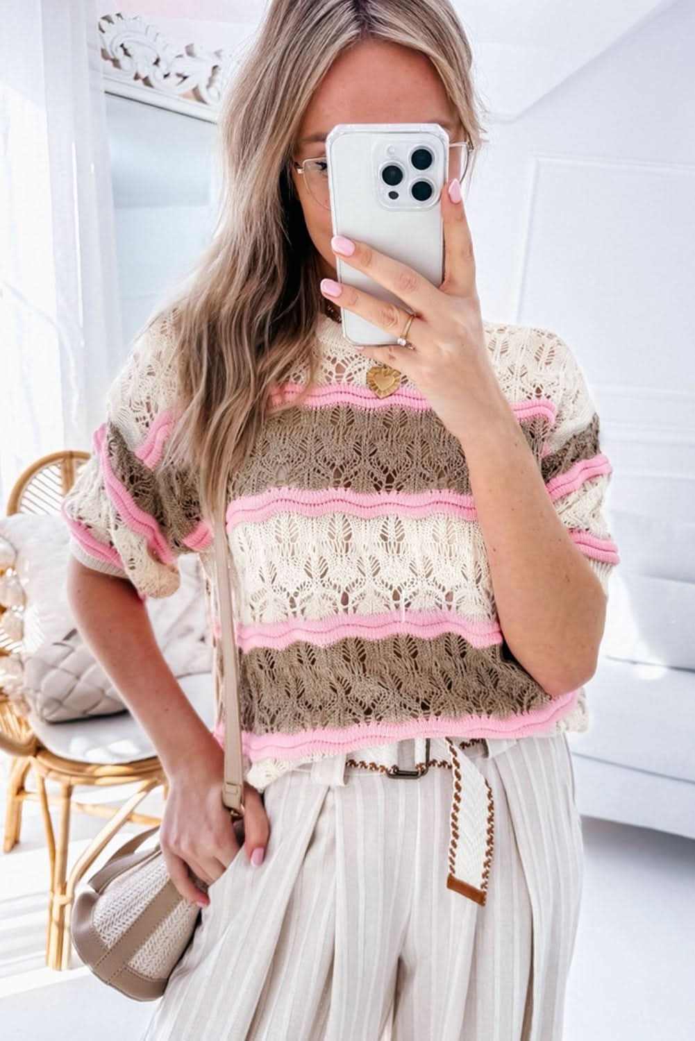 Elegant brown striped crochet sweater - Love Salve